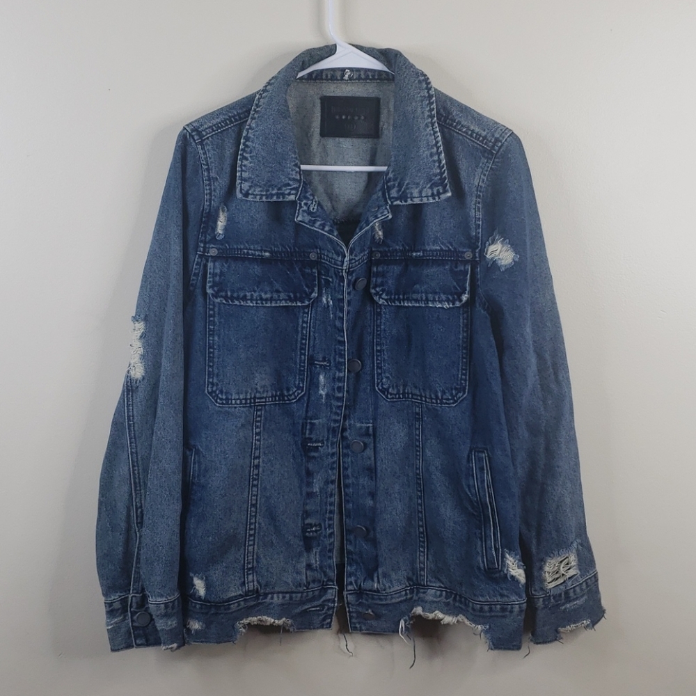 Black NYC Distressed Jean Jacket - Picture 1 of 3